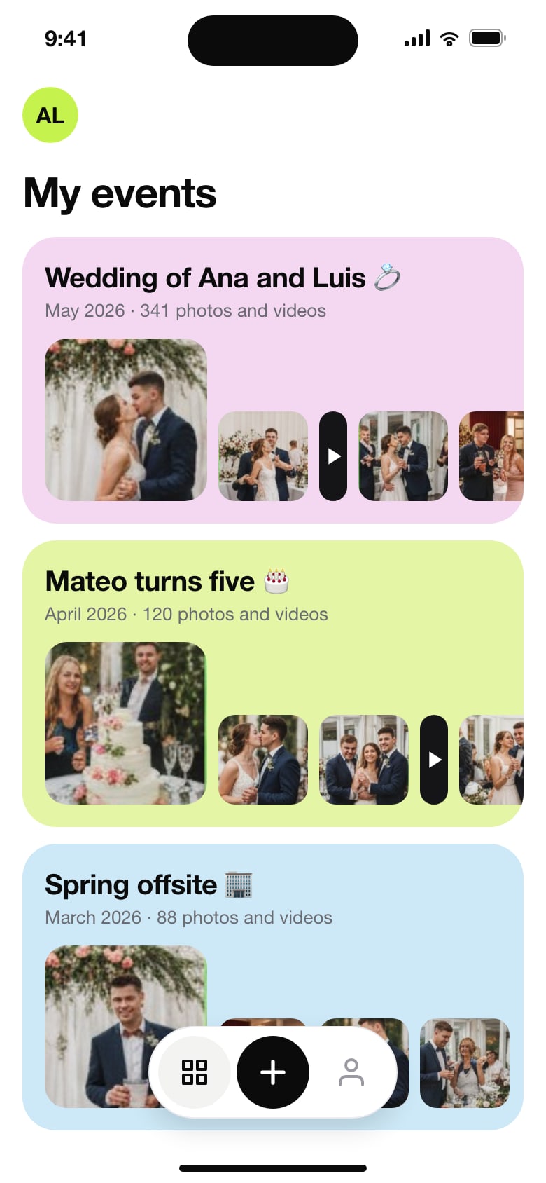 The host app on a phone: a list of events, each with the latest photos guests sent.