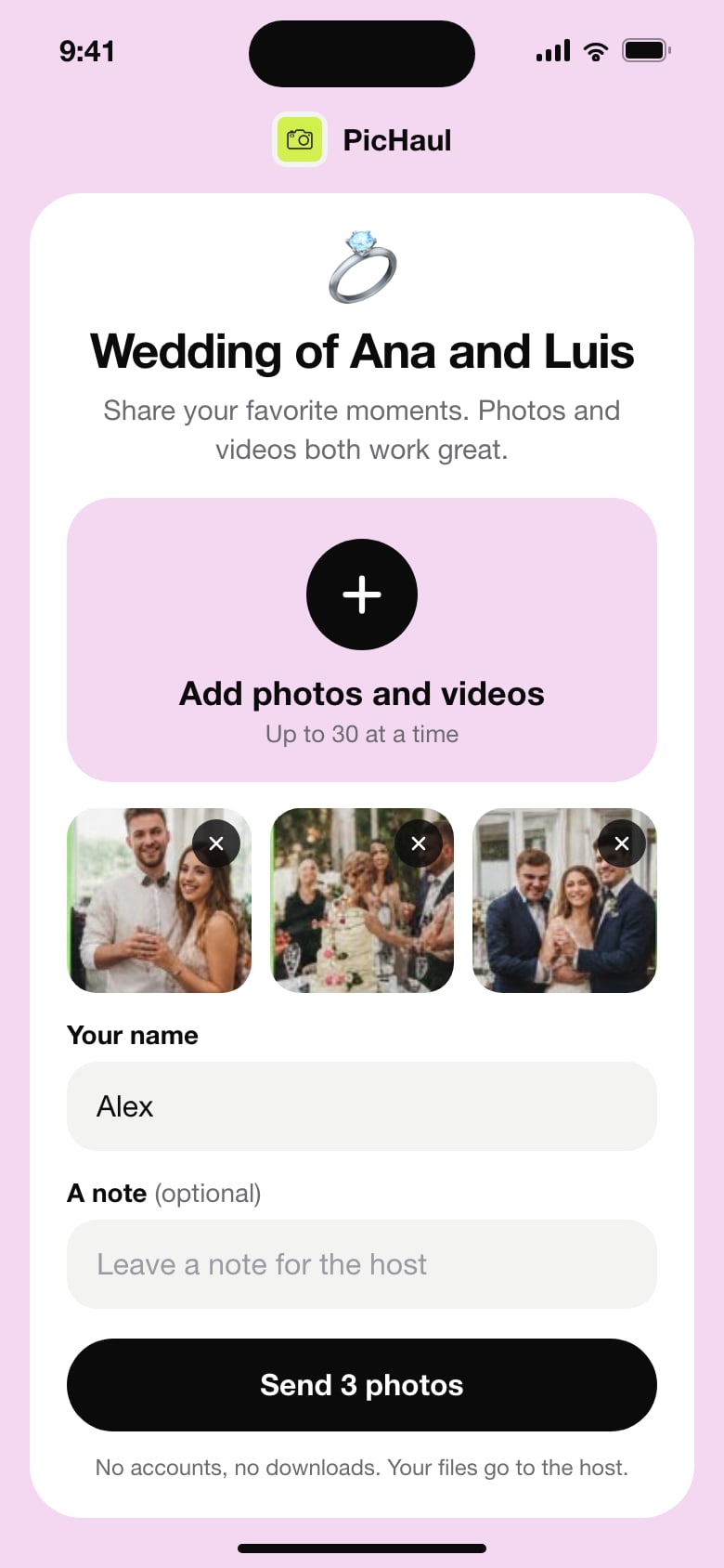 The guest page on a phone: the event name, one big Add photos and videos button, a name field and a Send button.