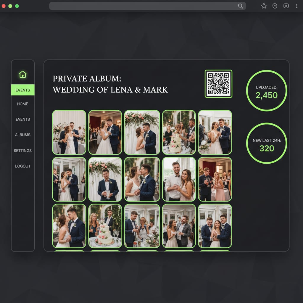 The PicHaul host album: a wedding gallery filling up with guest photos, the event's QR code and an upload counter